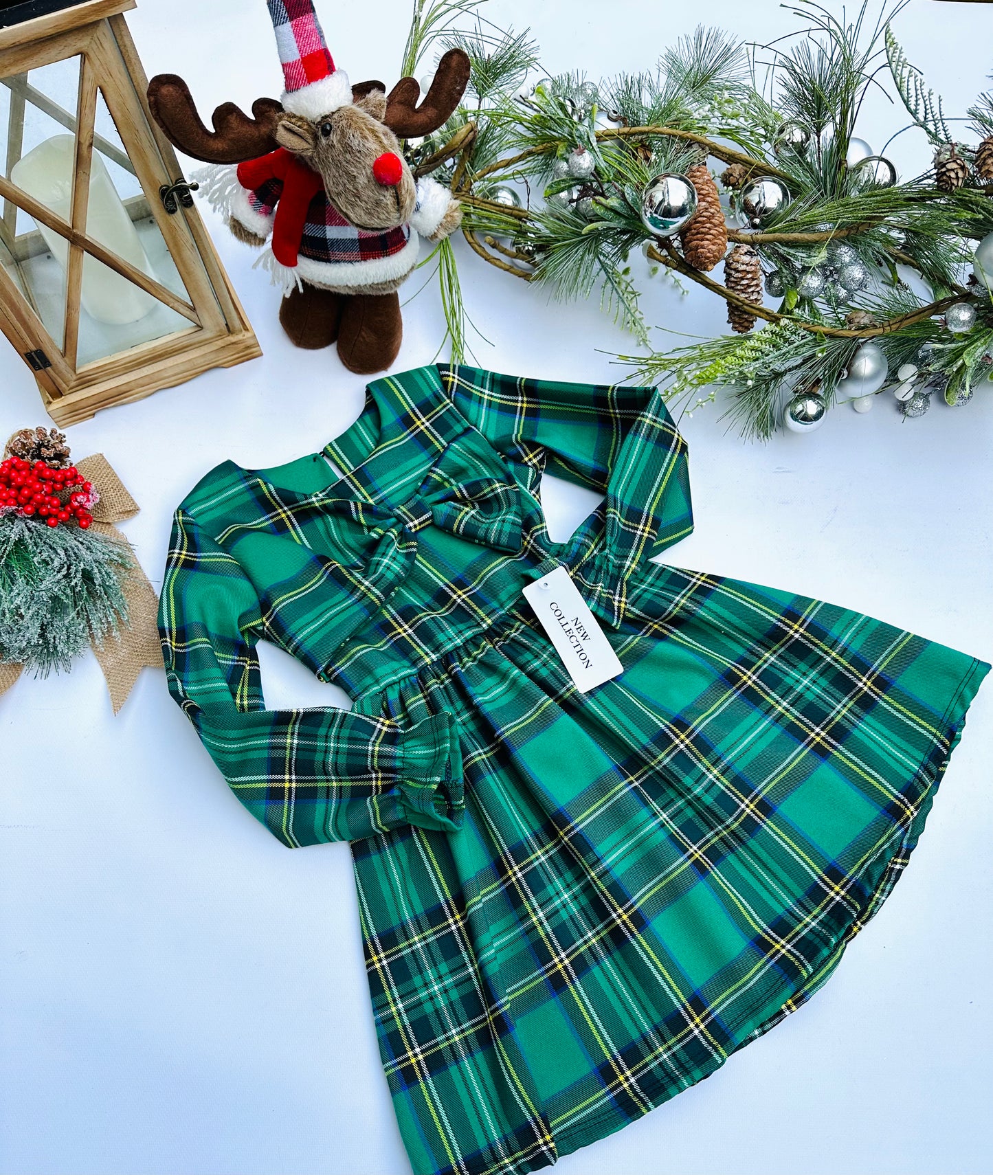 Green checked bow dress