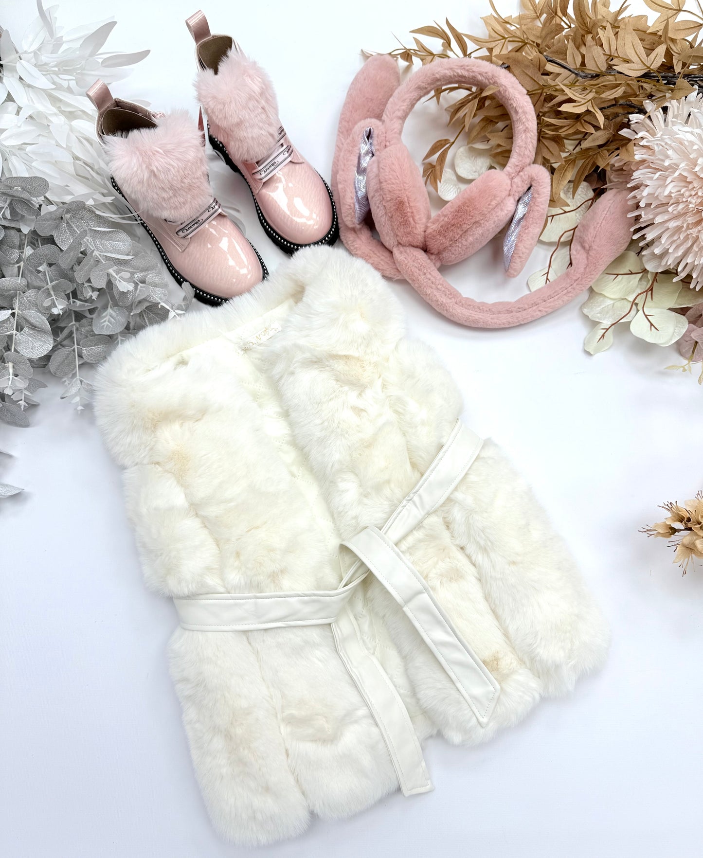 Cream fur gilet with belt