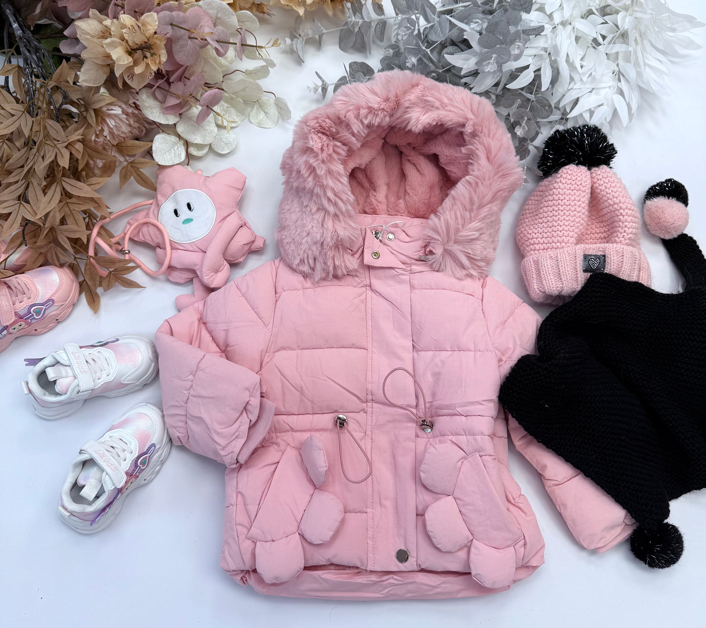 Pink winter jacket with bag