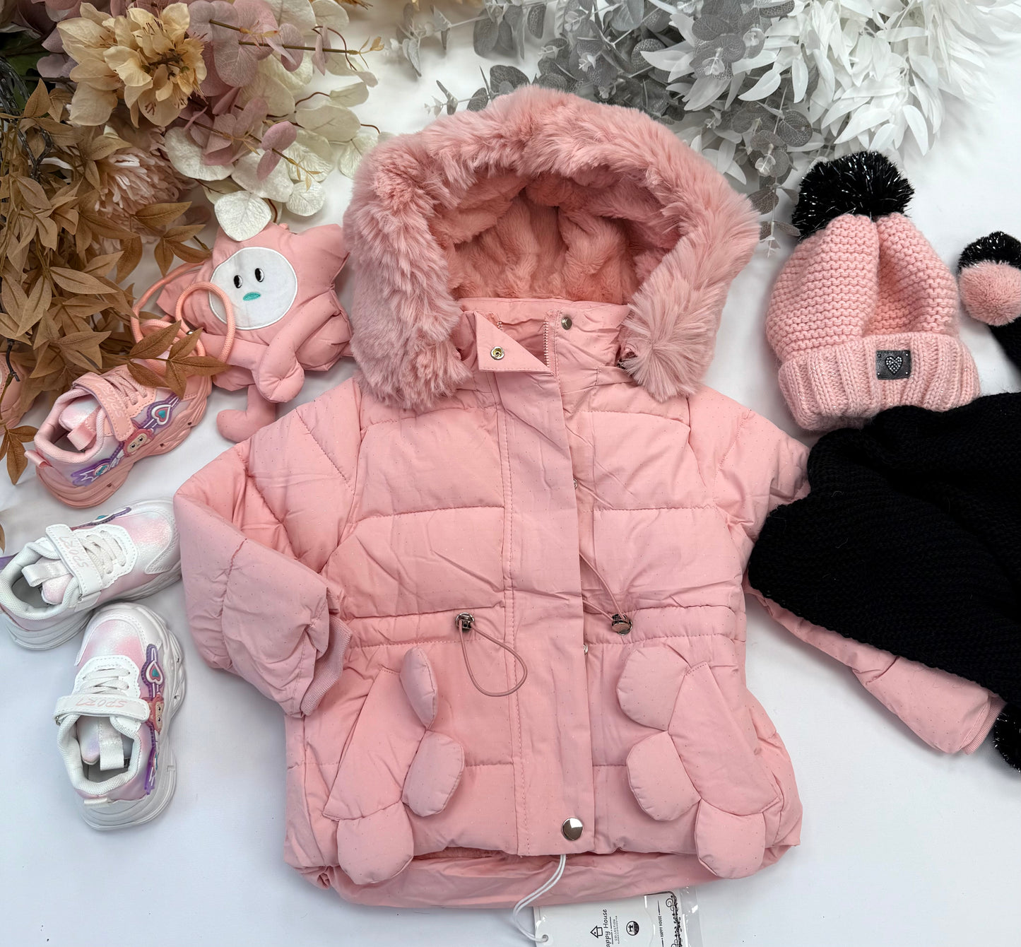 Pink winter jacket with bag