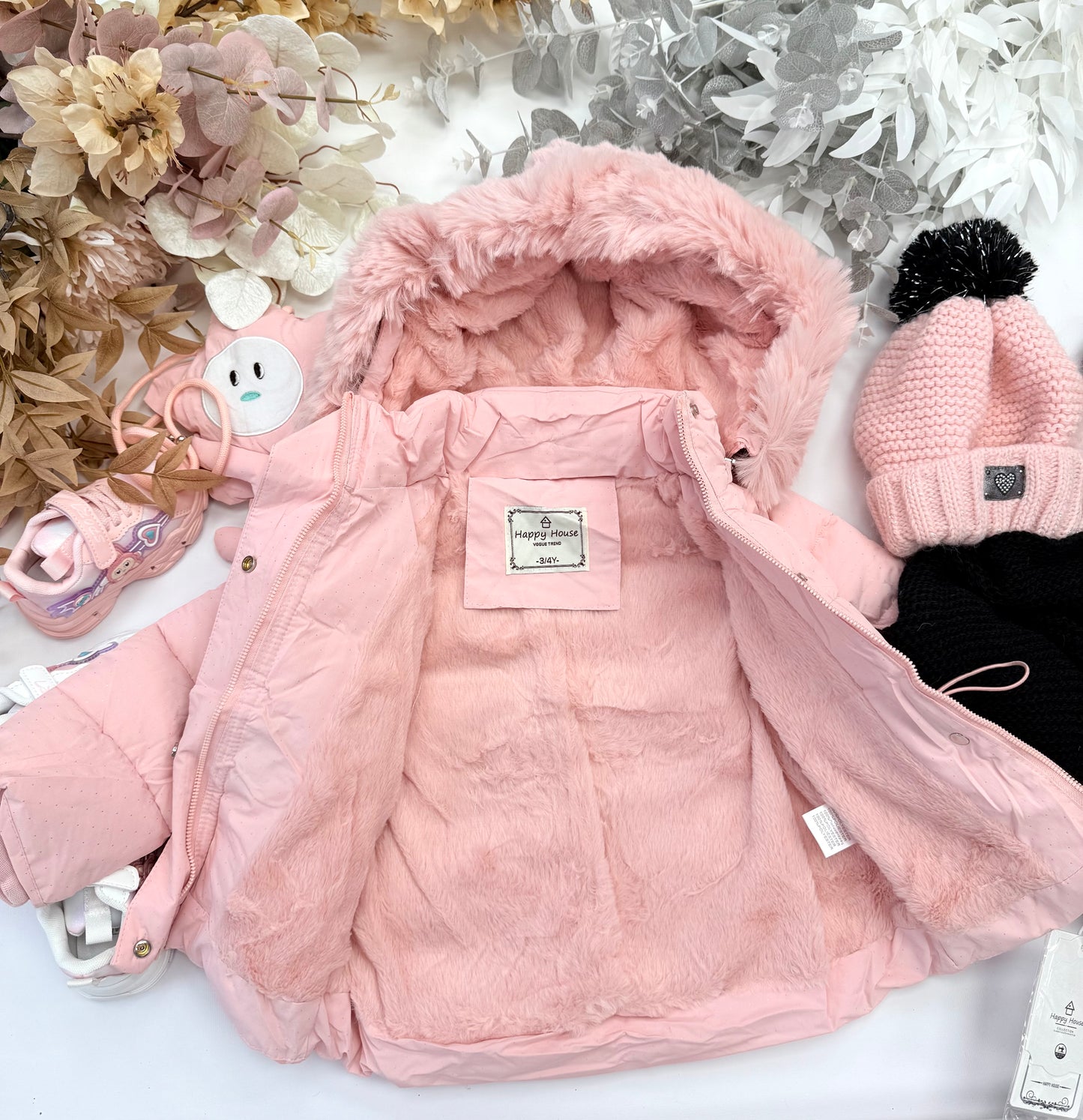 Pink winter jacket with bag