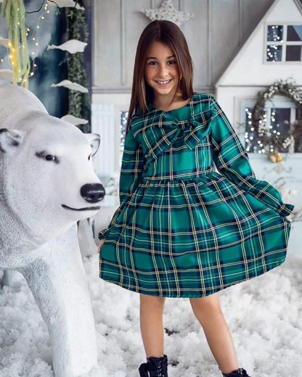 Green checked bow dress