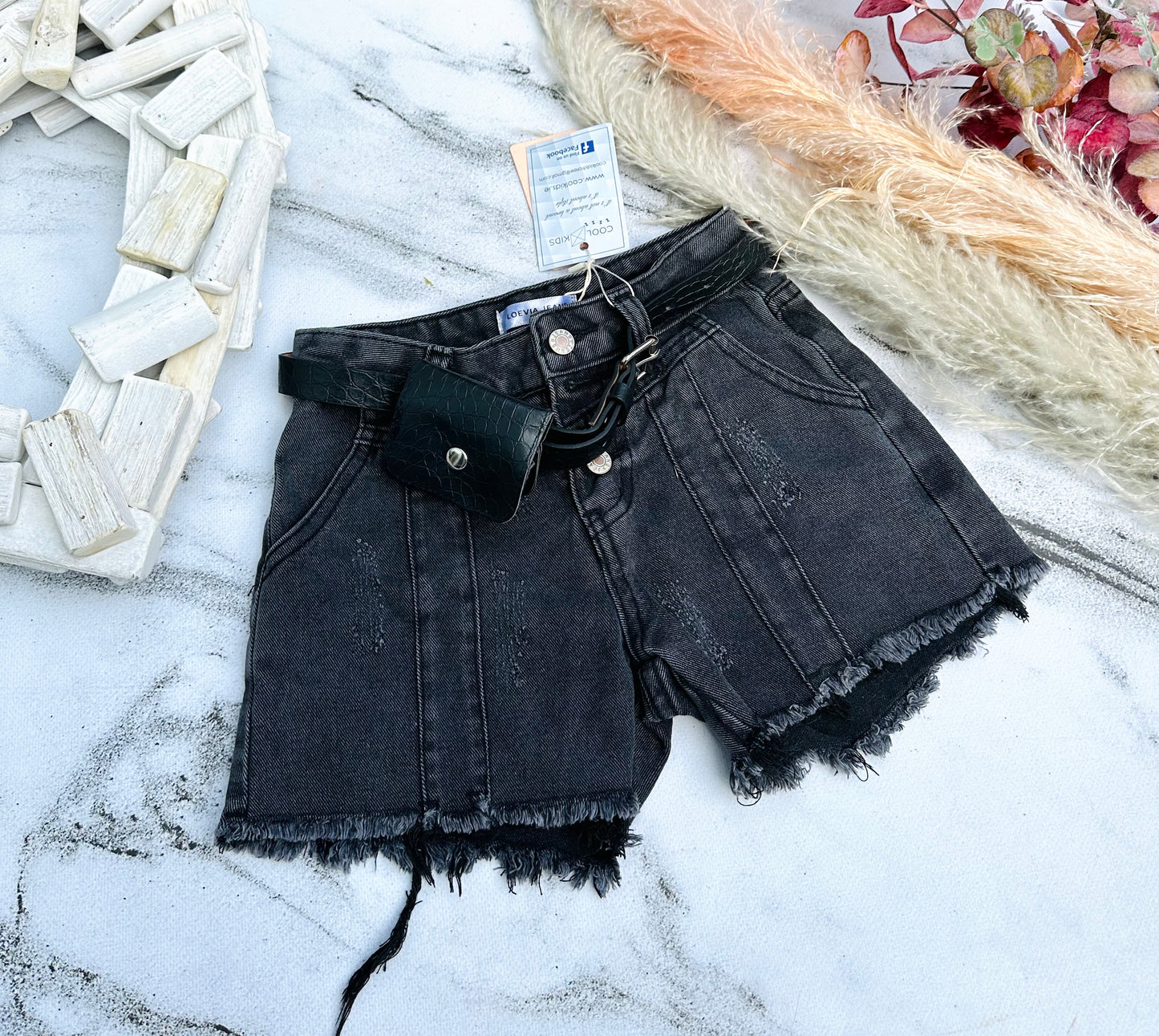 Black denim shorts with belt