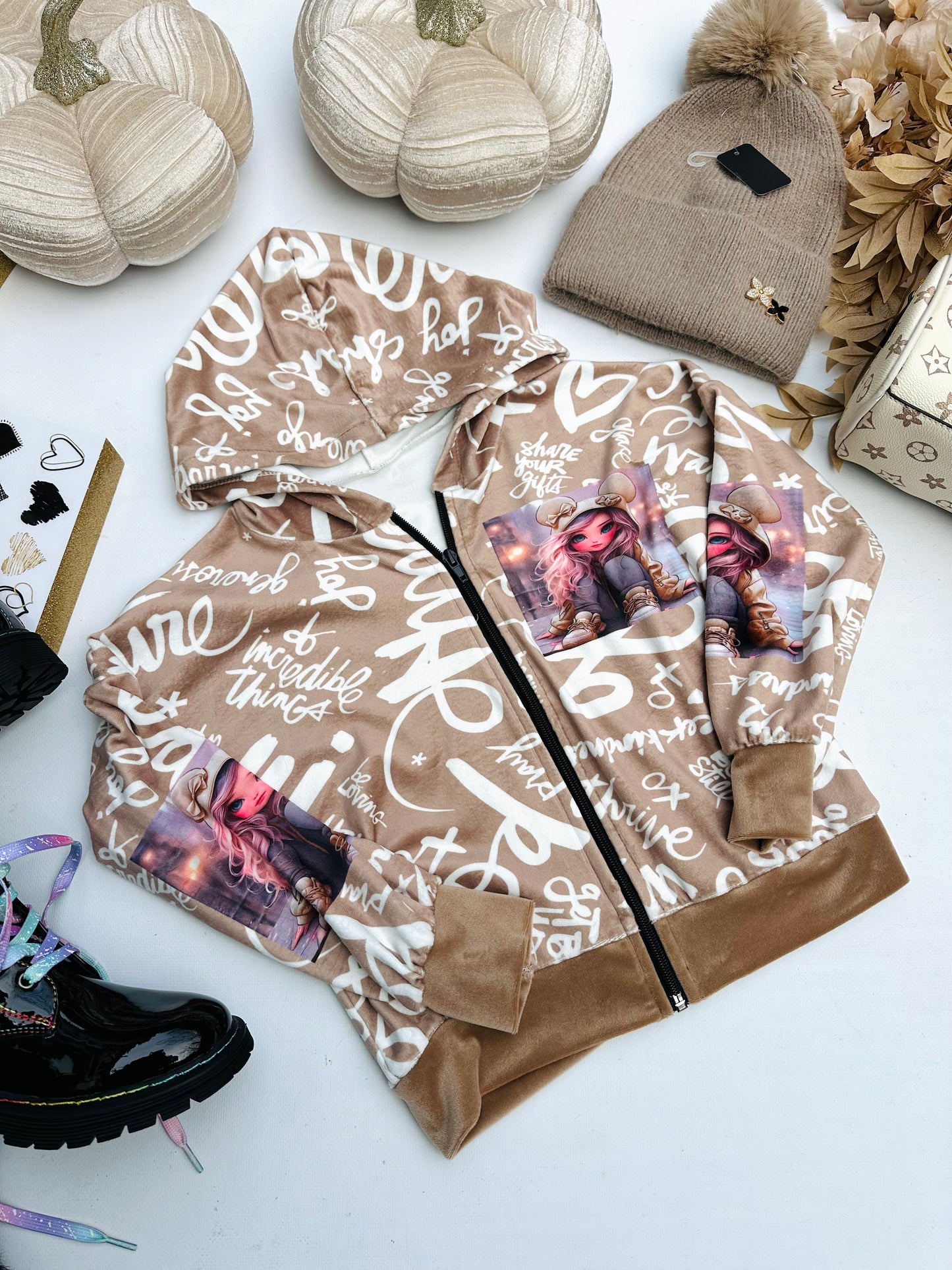 Beige velvet hoodie