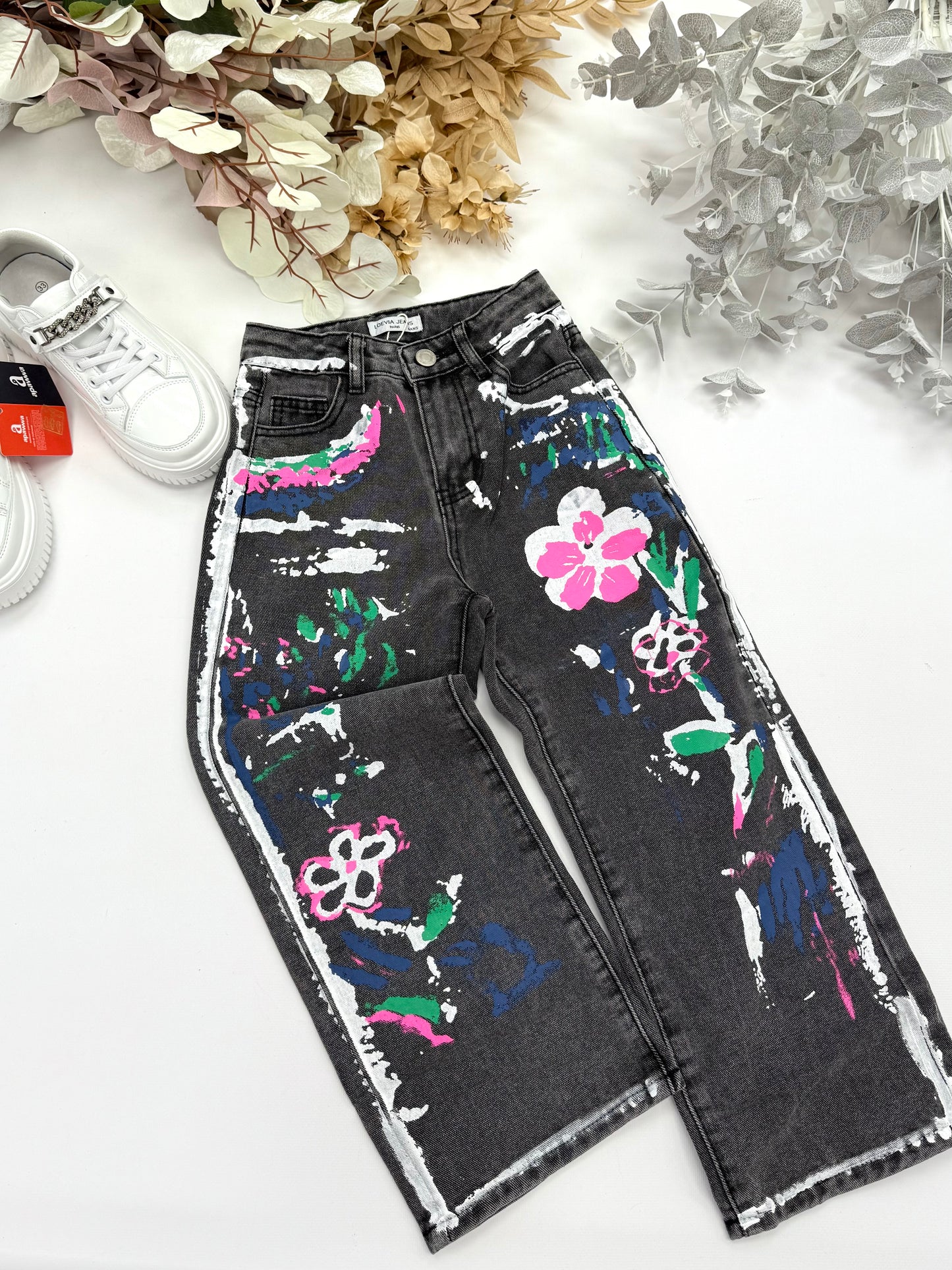 Flower denim pants