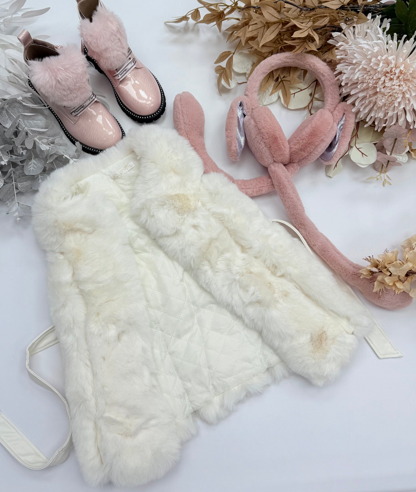 Cream fur gilet with belt