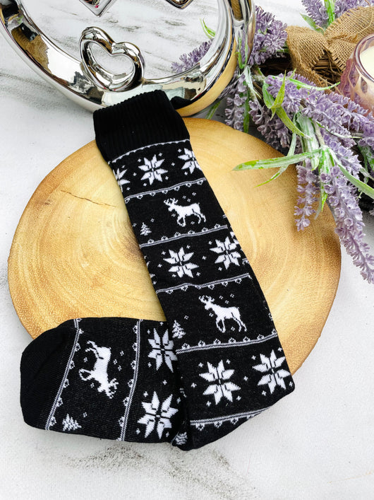 Black reindeer high knee socks