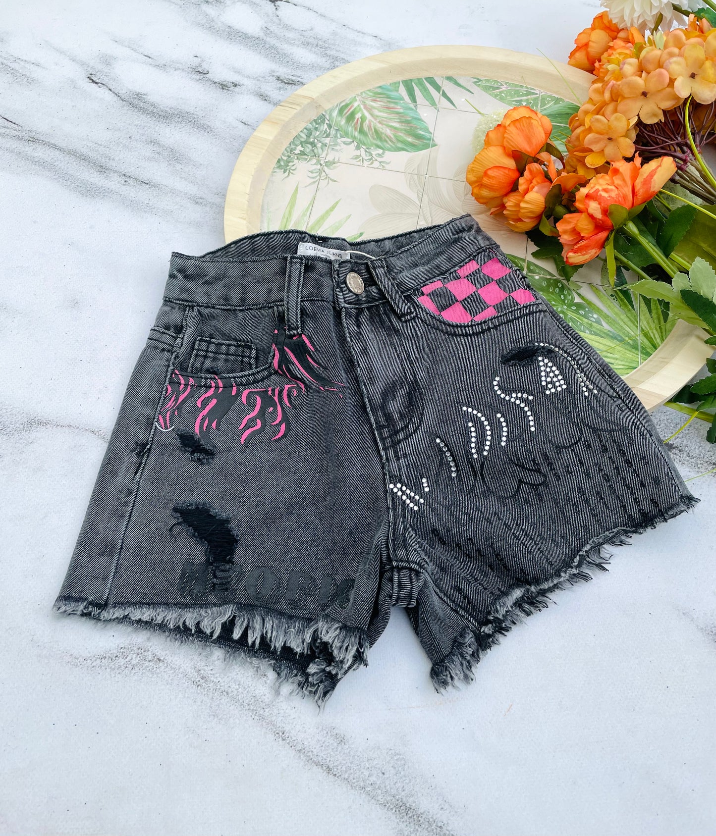 Black denim shorts