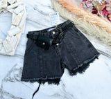 Black denim shorts with belt