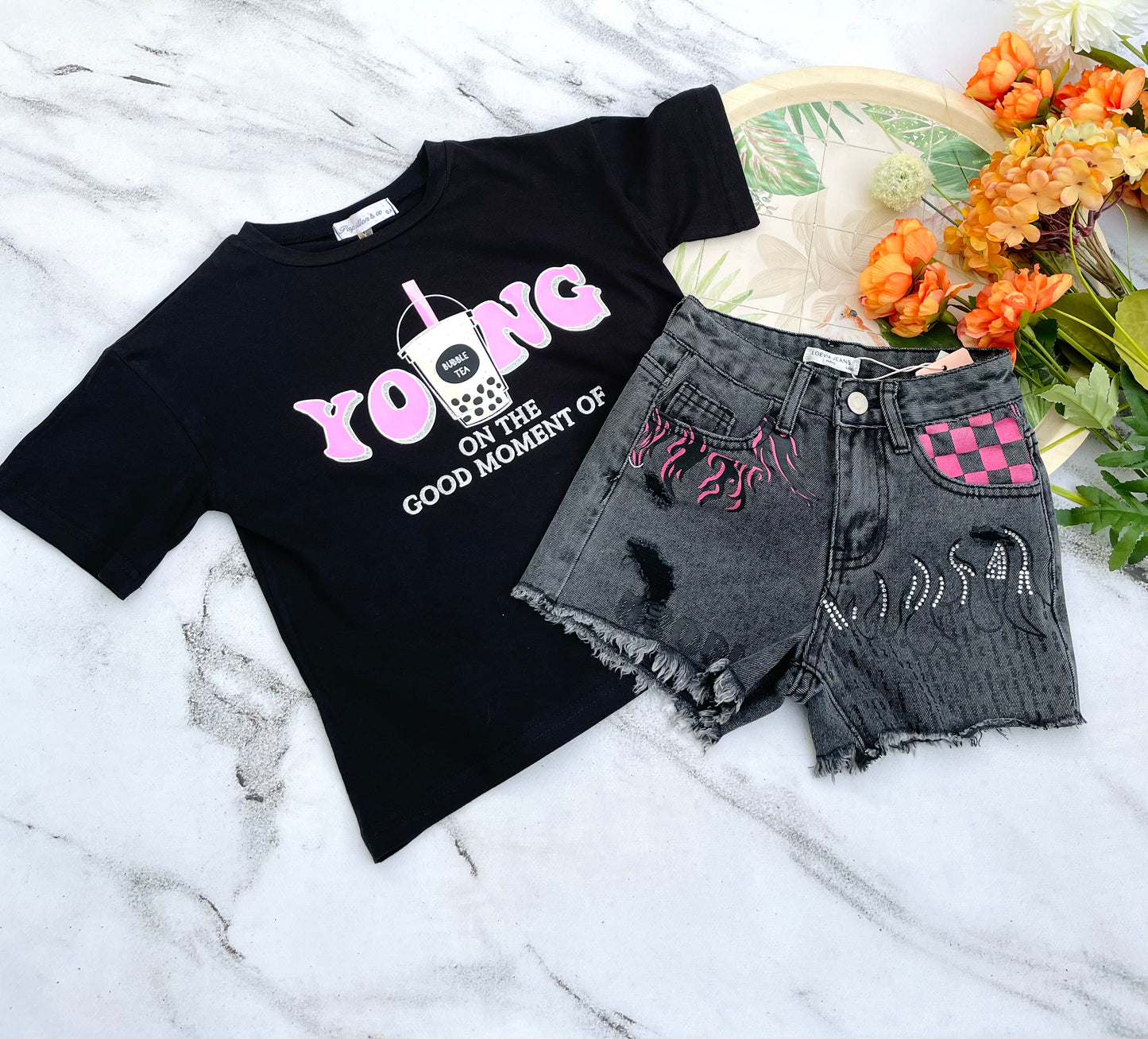 Black denim shorts