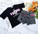 Black denim shorts