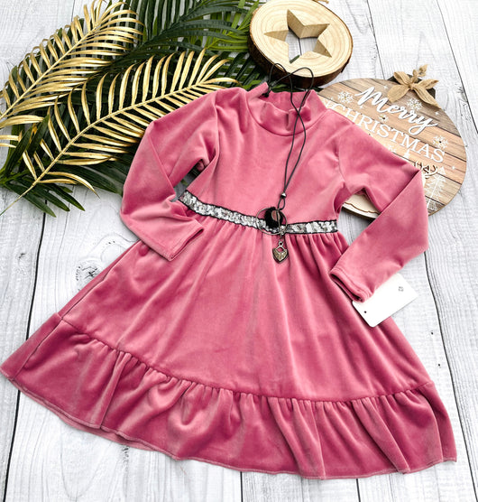 Pink velour dress with necklace
